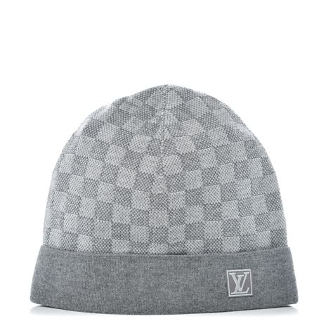 LOUIS VUITTON Wool Bonnet Petit Damier Beanie Hat Grey .